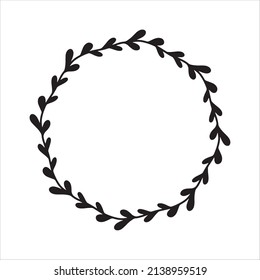 Vector hand drawn spring wreath isolated on white background. Silhouette circle of leaves. Doodle style. Floral monogram frame.