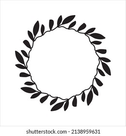 Vector hand drawn spring wreath isolated on white background. Silhouette circle of leaves. Doodle style. Floral monogram frame.