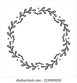 Vector hand drawn spring wreath isolated on white background. Outline circle of leaves. Doodle style. Floral frame. Family monogram.