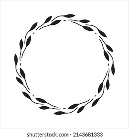 Vector hand drawn spring wreath isolated on white background. Silhouette circle of leaves. Doodle style. Floral monogram frame.