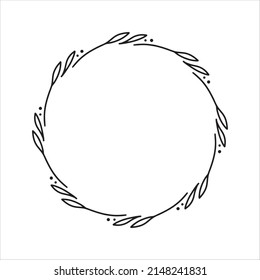 Vector hand drawn spring wreath isolated on white background. Outline circle of leaves. Doodle style. Floral frame. Family monogram.