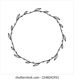 Vector hand drawn spring wreath isolated on white background. Outline circle of leaves. Doodle style. Floral frame. Family monogram.