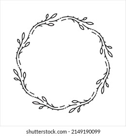 Vector hand drawn spring wreath isolated on white background. Outline circle of leaves. Doodle style. Floral frame. Family monogram.