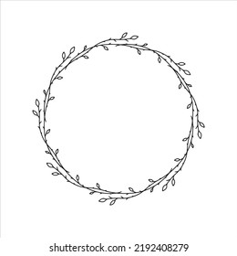 Vector hand drawn spring wreath isolated on white background. Outline circle of leaves. Doodle style. Floral frame.