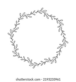 Vector hand drawn spring wreath isolated on white background. Outline circle of leaves. Doodle style. Floral frame.