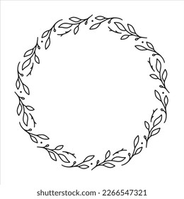 Vector hand drawn spring wreath isolated on white background. Outline circle of leaves. Doodle style. Floral frame.