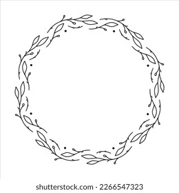 Vector hand drawn spring wreath isolated on white background. Outline circle of leaves. Doodle style. Floral frame.