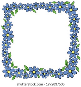 Vector hand drawn square frame, border from color small flowers in doodle style. Cute simple primitive background, decoration for invitation, greeting card, wedding