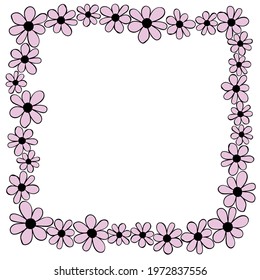 Vector hand drawn square frame, border from color small flowers in doodle style. Cute simple primitive background, decoration for invitation, greeting card, wedding