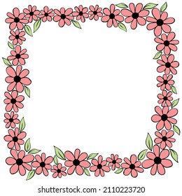 Vector hand drawn square frame, border from color small flowers in doodle style. Cute simple primitive background, decoration for invitation, greeting card, wedding