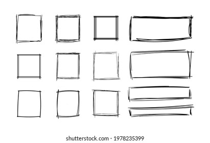 Vector Hand Drawn Squares Set, Blank Frames Set, Black Scribble Geometric Shapes Isolated on White Background.