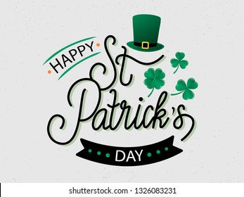 Vector hand drawn St. Patrick’s Day logotype. Lettering typography with leprechaun’s hat, shamrocks and design elements. Festive illustration for poster, flyer, party invitation, tee, badge, icon