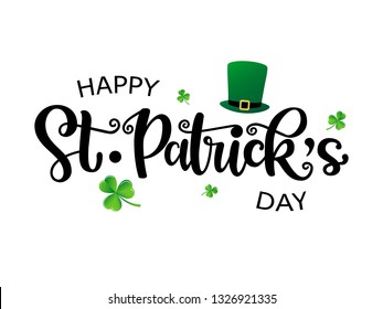 Vector hand drawn St. Patrick’s Day logotype. Lettering typography with leprechaun’s hat and shamrocks on white background. Festive concept for print, tee, poster, flyer, party invitation, card, badge