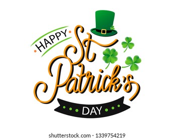 Vector hand drawn St. Patrick’s Day logotype. Monoline lettering typography with clovers, hat and ribbon on white background. Festive illustration for poster, flyer, party invitation, tee, badge, icon