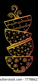 Vector hand drawn stack of bowl illustration for adult coloring book. Freehand sketch for adult anti stress coloring book page with doodle