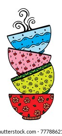Vector hand drawn stack of bowl illustration for adult coloring book. Freehand sketch for adult anti stress coloring book page with doodle