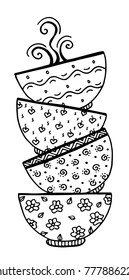 Vector hand drawn stack of bowl illustration for adult coloring book. Freehand sketch for adult anti stress coloring book page with doodle