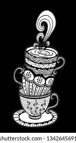 Vector hand drawn stack of cup illustration for adult coloring book. Freehand sketch for adult anti stress coloring book page with doodle