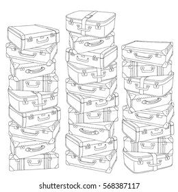 Vector hand drawn stack of old retro suitcases illustration for adult coloring book. Freehand sketch for adult anti stress coloring book page with doodle and zentangle elements.