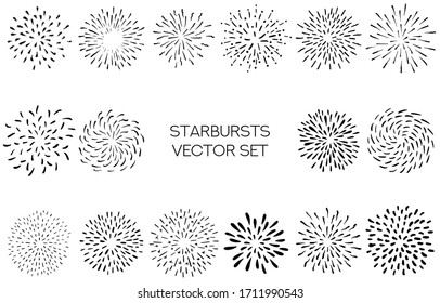 Vector Hand Drawn Starbursts and Fireworks Set. Simple Elements Pack for Holiday Design. Vintage Sunbursts.