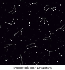 Vector hand drawn stars seamless pattern with space stars and constellation of the Zodiac.
