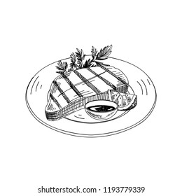 Carne vectorial hecha a mano con limón y salsa. Platos de cocina internacional. Ilustración detallada de estilo retro. Esbozo vintage para etiquetas, embalaje y diseño de tarjetas. Fondo moderno.