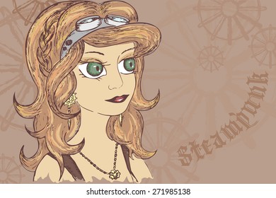 vector hand drawn steampunk illustration of girl with glasses, cogwheels and label 