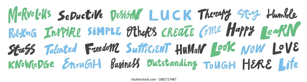 Vector hand drawn sticker logo words set collection. Hand drawn lettering set for social media content