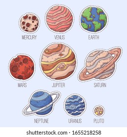 Vector hand drawn stickers of planets. Space elements collection. Each object can be changed and moved for your design.