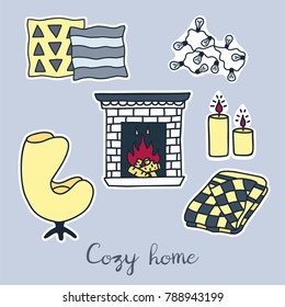 Vector hand drawn stickers set of Hygge elements. Cozy home interior details.