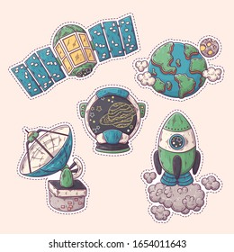 Vector hand drawn stickers of spaceships and planets. Space elements collection. Each object can be changed and moved for your design.