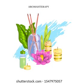 Vector hand drawn stock concept “Aromatherapy” with candles, lotus flowers, leaves, salt, aroma sticks and brushstrokes. Colorful spa composition for beauty salons, organic shops, wellness centers.