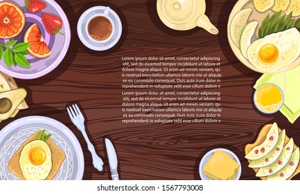 Vector hand drawn stock healthy food illustration. Table with dishes, cup, tea pot, cutlery, butter, sandwiches, fruit and vegetables. Banner with space for text. For restaurants, menus, café, etc.