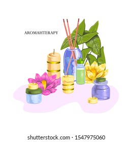 Vector hand drawn stock illustration “Aromatherapy” with candles, lotus flowers, leaves, bath salt, aroma sticks and oil. Colorful spa composition for beauty salons, organic shops, wellness centers.