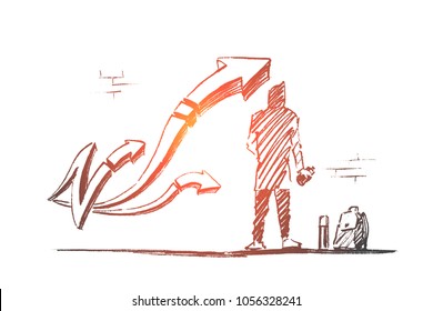 Vector hand drawn street art concept sketch. Boy standing backwards in front af wall and drawing graffiti arrows with spray.