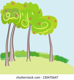 Vector hand drawn style beautiful spring floral trees illustration