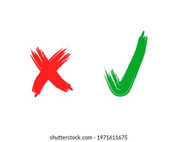 Vector hand drawn style check and cross marks isolated on white background.