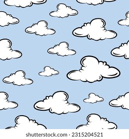 Vector Hand Drawn Style Clouds Seamless Pattern on Blue Background. Clouds collection flat style. Printable Repeatable Cartoon Clouds Texture Outline Style Clouds illustrations. Vintage Texture