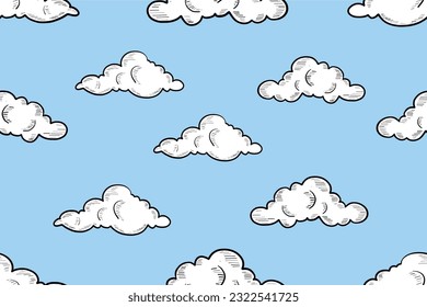 Vector Hand Drawn Style Clouds Seamless Pattern on White Background Clouds collection flat style. Clouds Set in Line Style Cartoon Clouds design elements Vintage Engraving Style illustration