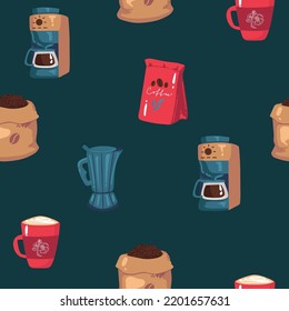 Vector hand drawn style coffee makers patten. Different kinds of coffee mugs, pots and coffee makers, coffee beans. Colorful, warm colors