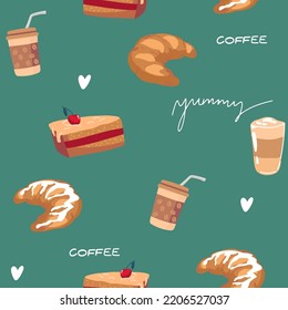 Vector hand drawn style coffee makers patten.Different kinds of coffee mugs, pots and coffee glasses with cakes, coffee