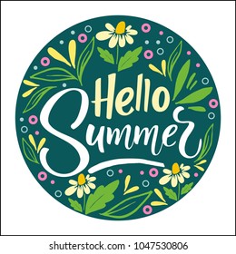 Vector hand drawn style floral logo in a shape of a circle. Outline logotype with flowers. Summer