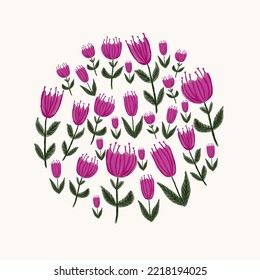 Vector hand drawn style floral logo in a shape of a circle. Circle with flowers. Business identity for boutique, organic cosmetics or flower shop.
