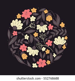 Vector hand drawn style floral logo in a shape of a circle. Circle with flowers. Business identity for boutique, organic cosmetics or flower shop.
