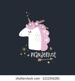 Vector hand drawn style font, cute lettering postcard with unicorn, poster and sticker. Wanderlust text. Vector illustration