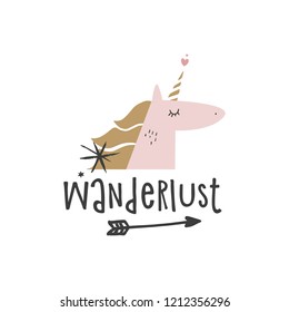 Vector hand drawn style font, cute lettering postcard with unicorn, poster and sticker. Wanderlust text. Vector illustration