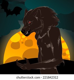 Vector hand drawn style Halloween illustration with werewolf in front of full Moon