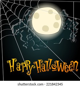 Vector hand drawn style Halloween background illustration with full Moon and spiderweb