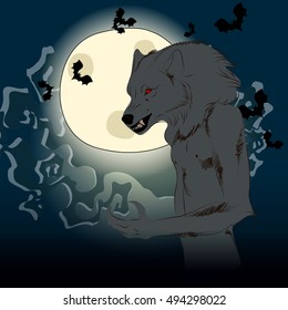 Vector hand drawn style Halloween illustration with werewolf in front of full Moon