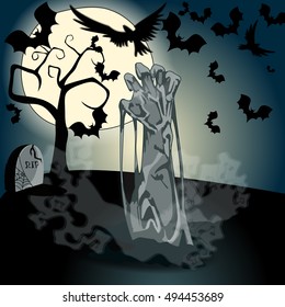 Vector hand drawn style Halloween illustration with undead zombie rising from the grave in front of the full Moon